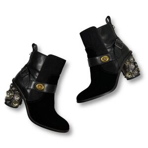 EUC Coach Moto Bootie Tea Rose Block Heel Black Leather Suede Women's 5